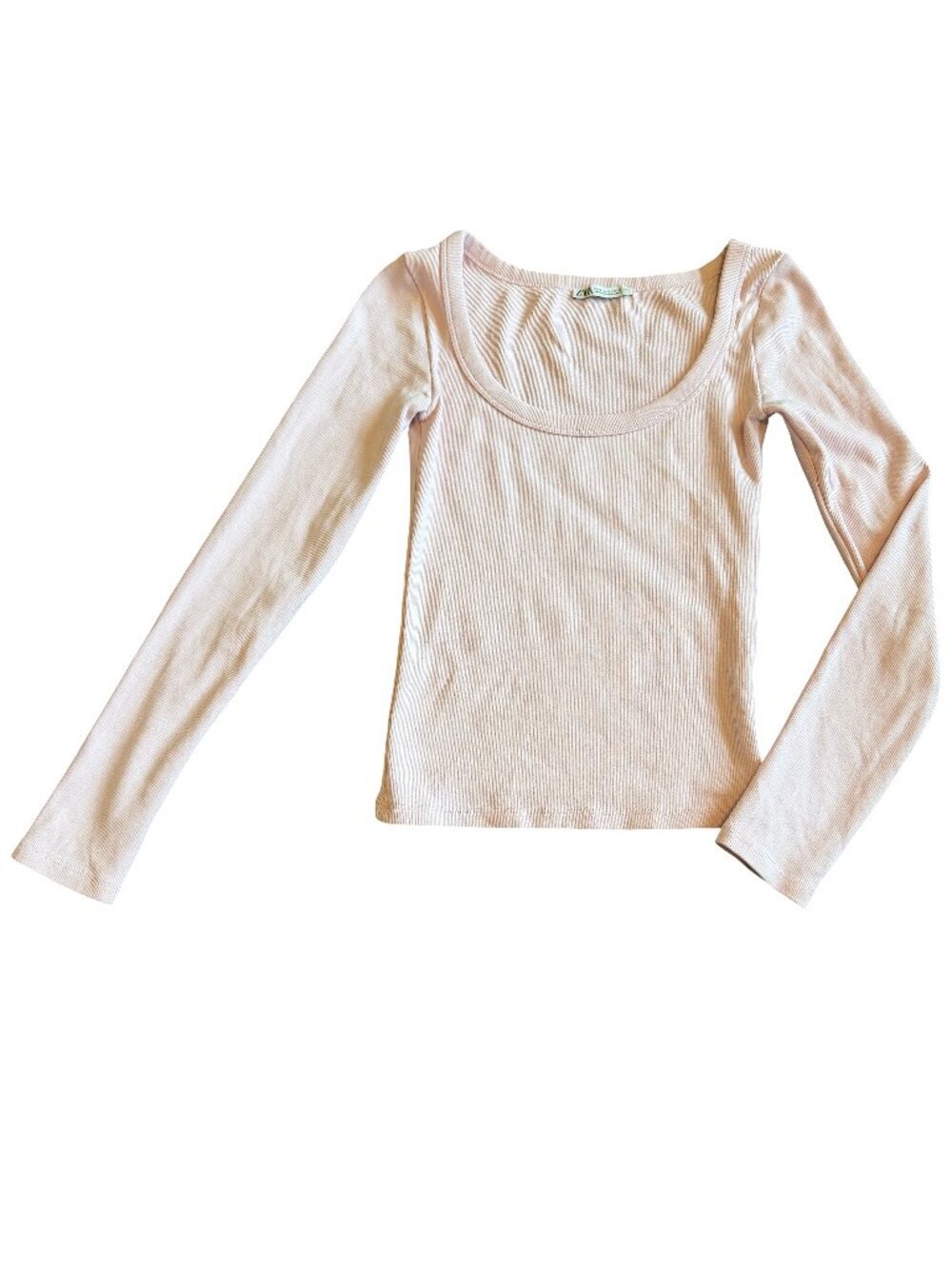 Zara Scoop Neck Long Sleeve Shirt Top Ribbed Pink Stretch Comfy Size Small